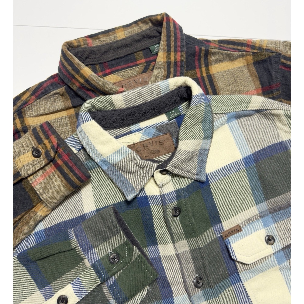 Lot of 2 Orvis Men's Flannel Shacket Fleece Heavyweight Plaid Pockets Sz L
